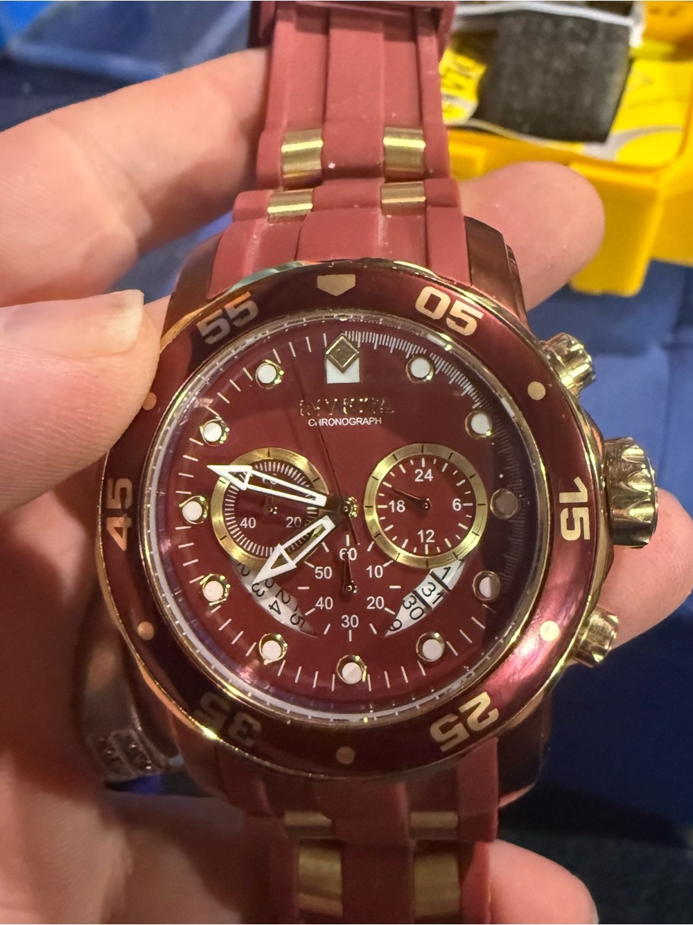 Invicta Pro Diver Chronograph Model 40931. Burgundy strap watch.